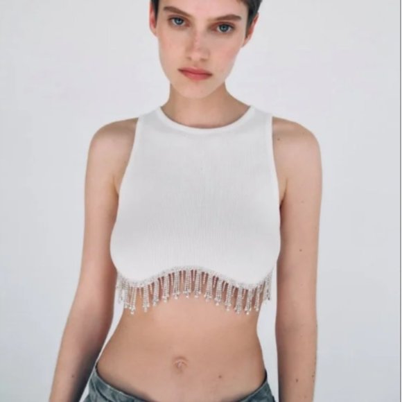 Zara Seamless Rhinestone Crop Top White Sz XS-S , M-L NWT - Picture 1 of 15